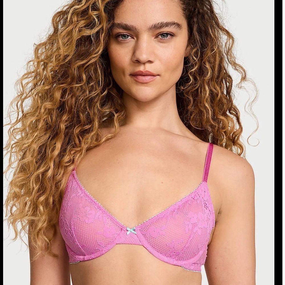 Victoria's Secret | NWT Pink Floral Lace Underwire Tease Unlined Demi Bra, 32C